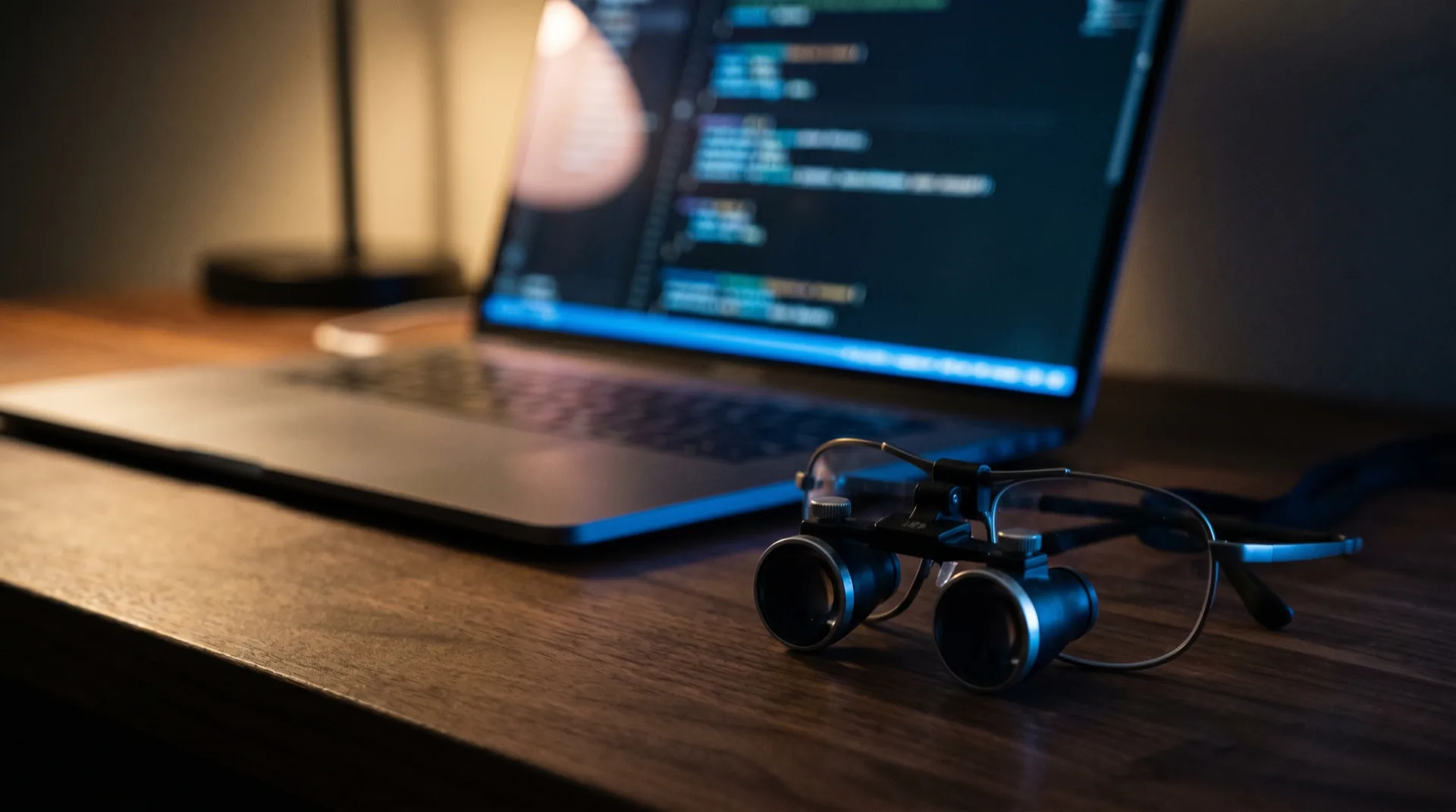 Dentale Lupenbrille neben einem Laptop mit Code — Behandler und Entwickler in einer Person